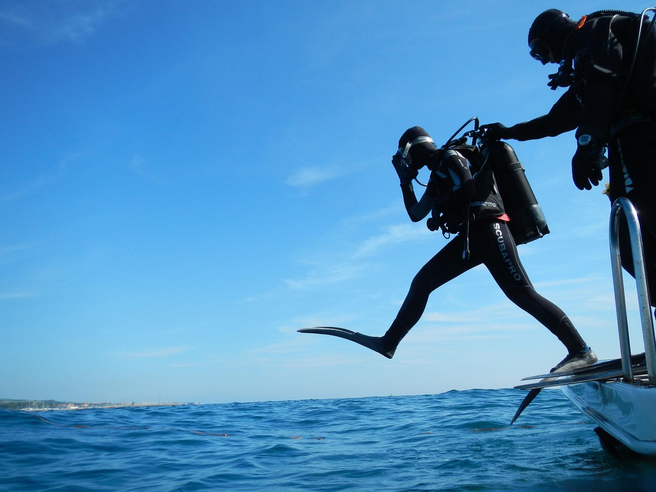 sub, diving, nature, scuba, giant step, diver, boat, sea