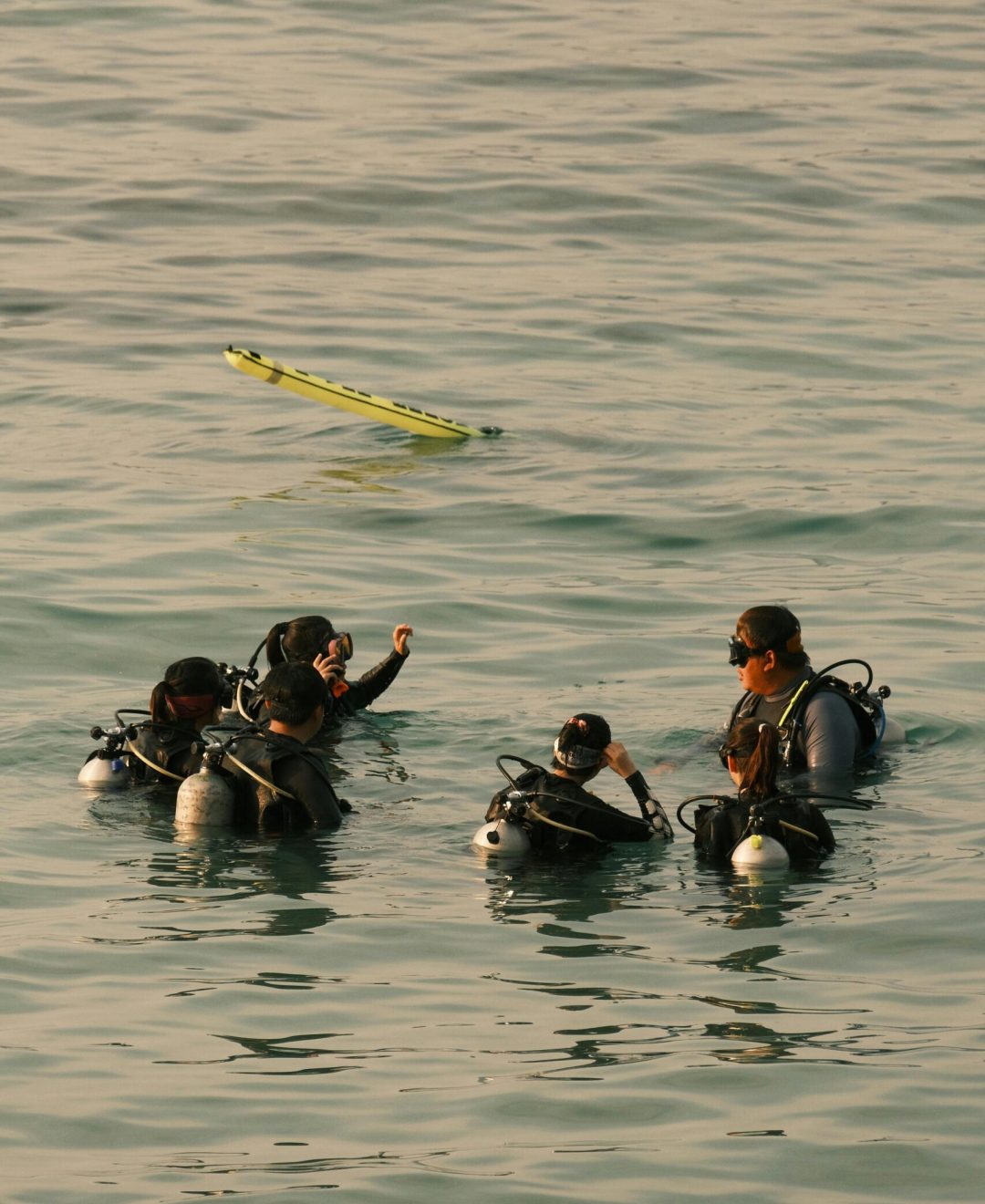Scuba divers practicing in open water with equipment on a sunny day.
